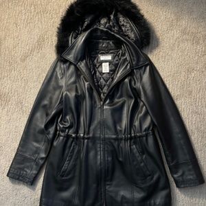 COVINGTON GENUINE Black LEATHER WOMENS JACKET COAT Large w/Hood
